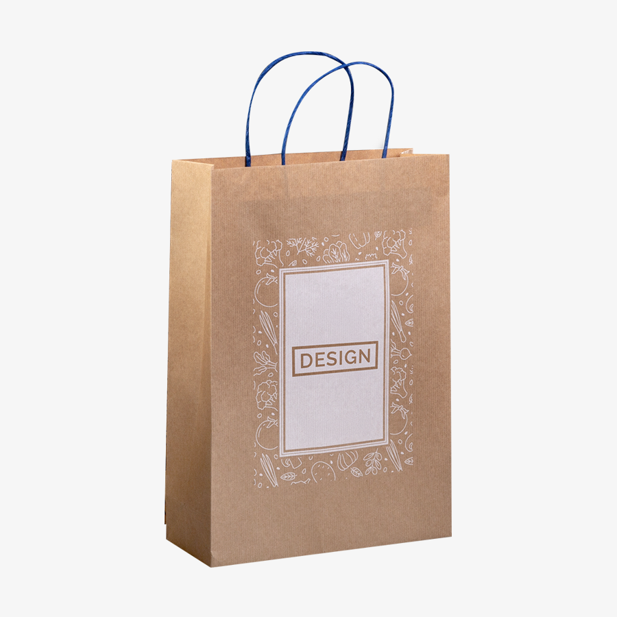 18 x 22,5 x 8 cm große Papiertragetasche mit blauen Papierkordeln und 1/0-farbigem Druck