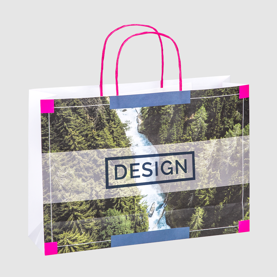48 x 35 x 13 cm große Papiertragetasche mit pinken Papierkordeln und 4/0-farbigem Druck