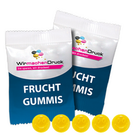 Fruchtgummi-Tütchen 10g (Form: Smiley), 4/4 farbig beidseitig bedruckt