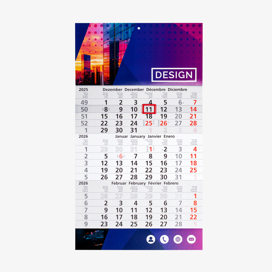 3-Monatskalender mit vollfarbig bedrucktem Kopf- und Fußteil