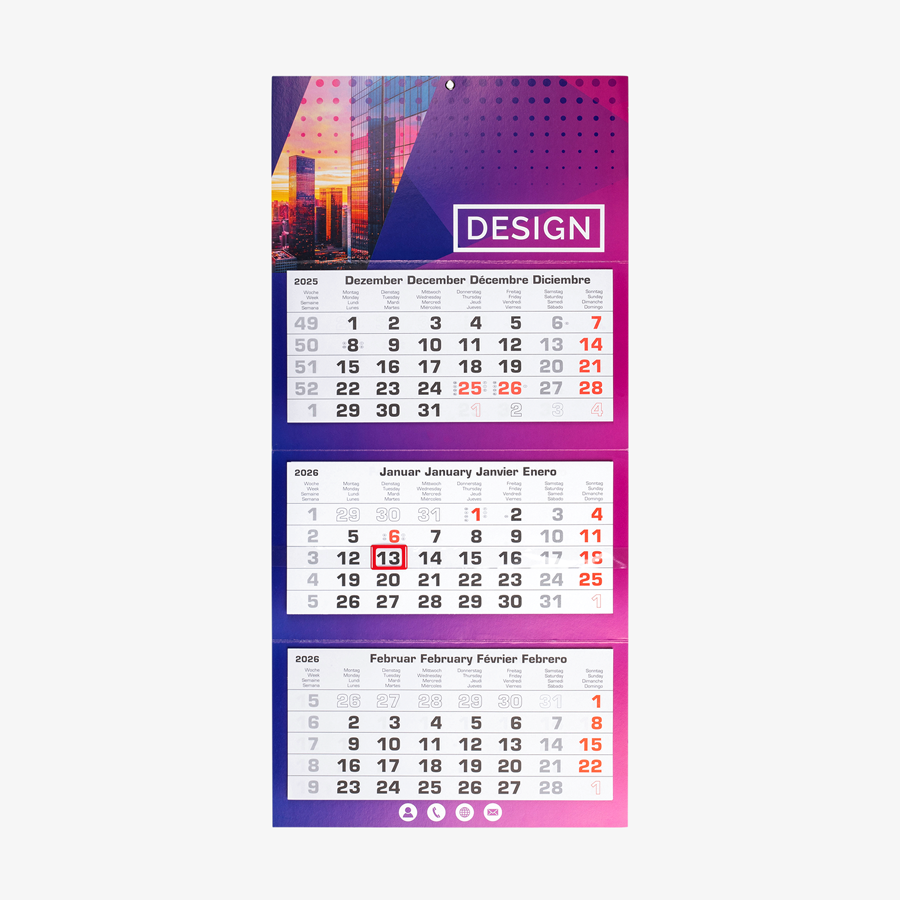 3-Monatskalender (33 x 70 cm) als Mehrblockvariante mit 4/0-farbigem Druck