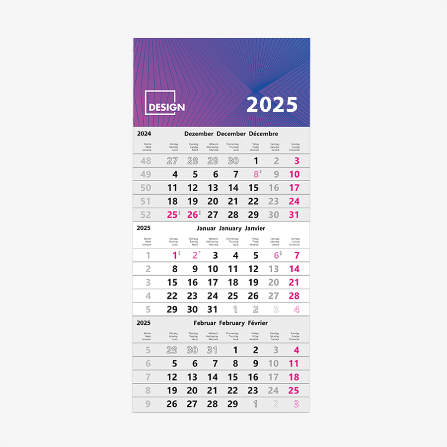 3-Monatskalender (Einblockvariante) mit vollfarbigem Druck