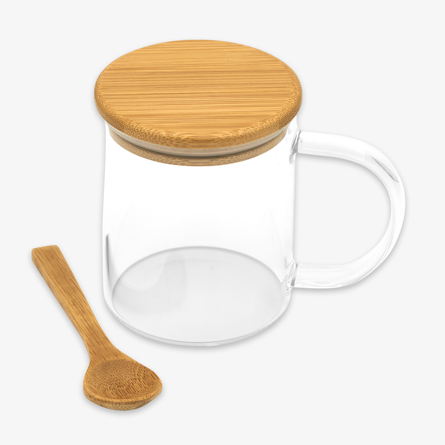 Glastasse mit Deckel und Löffel aus Bambus, 420 ml Fassungsvermögen