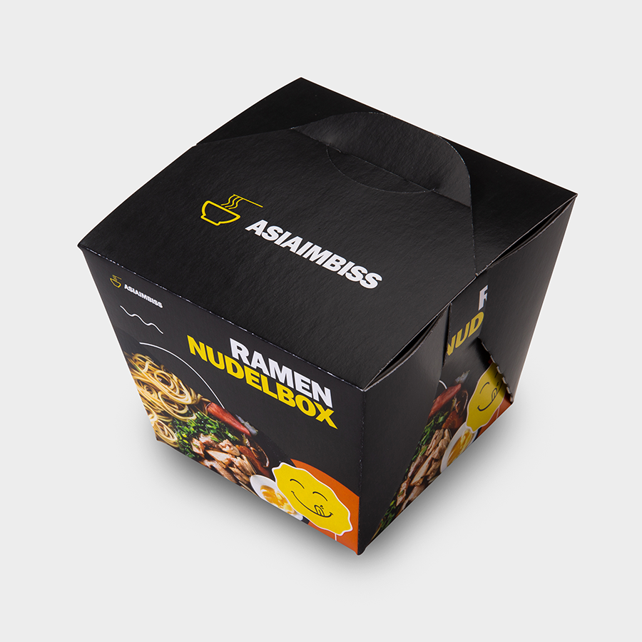 Kleine Foodbox mit individuellem Druck mit 750 ml Fassungsvermögen und den Maßen 83 x 83 x 87 mm