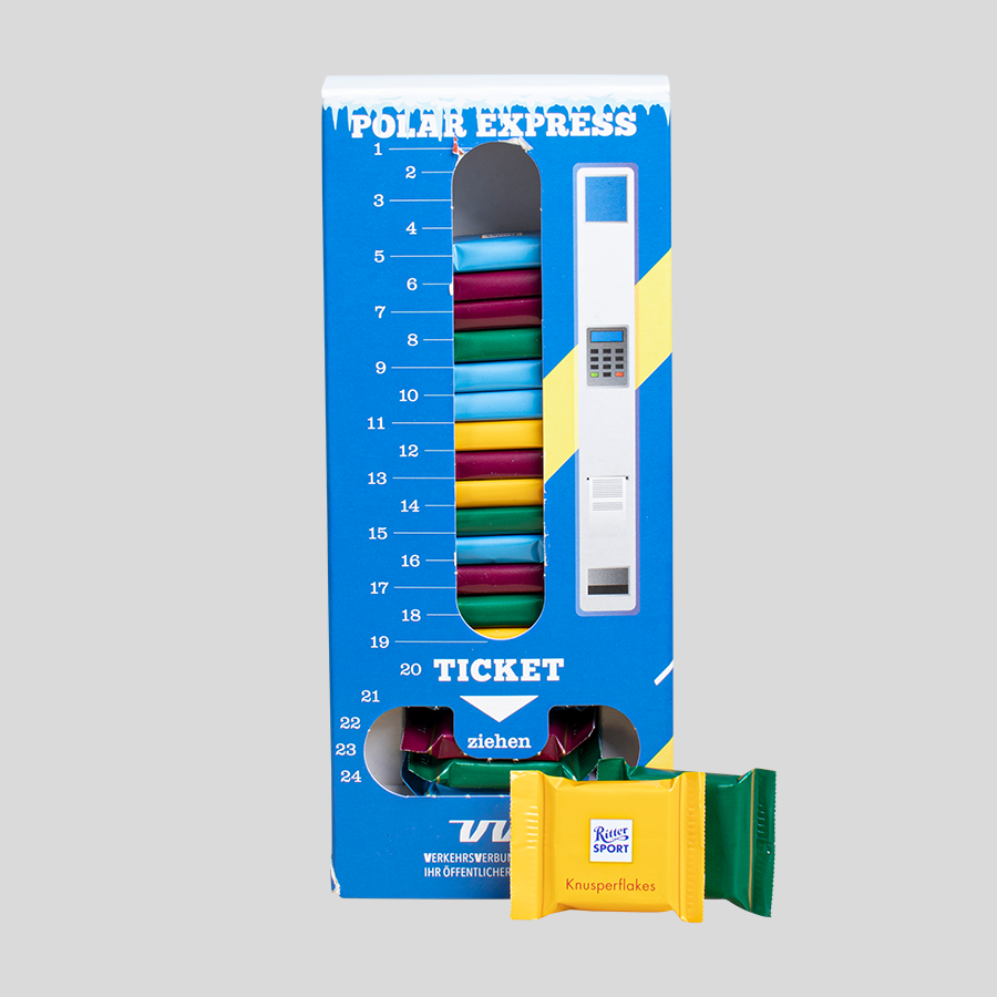 Individuell bedruckter Adventskalender-Turm gefüllt mit RITTER-SPORT-minis in verschiedenen Geschmacksrichtungen, 78 x 183 x 47 mm groß