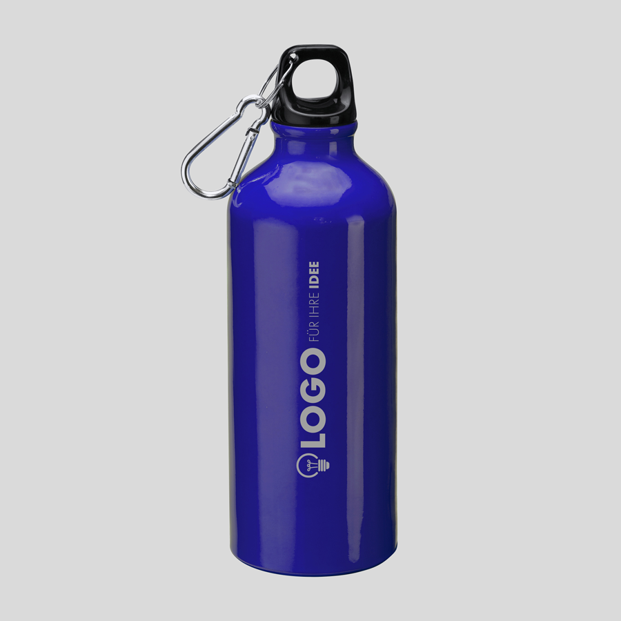 Blaue Aluminiumflasche (800 ml) mit Gravur und Karabinerhaken