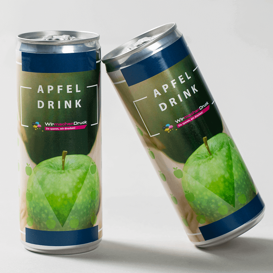 Apfel-Drinks in Aluminium-Getränkedosen mit individuell bedruckter Folie