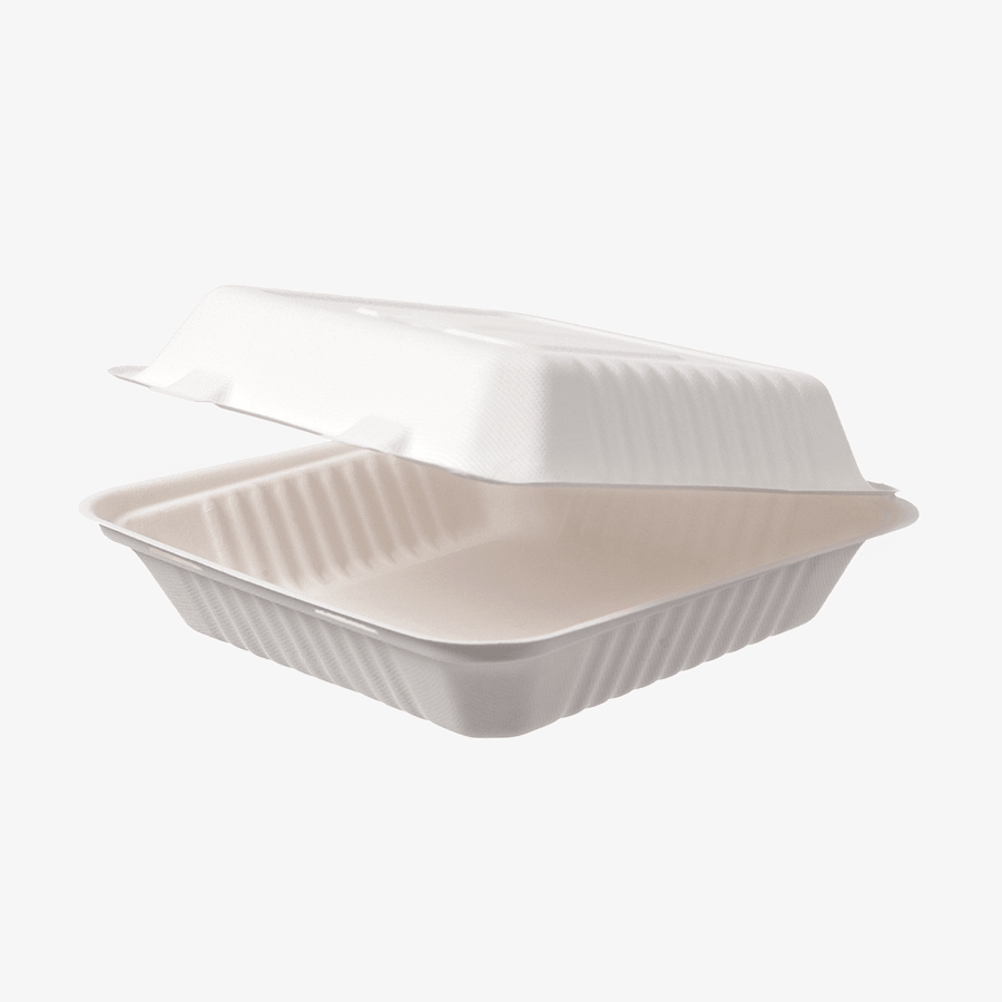 Weiße unbedruckte Menübox aus Bagasse mit einem Fach im Format 22,8 x 23 x 8 cm