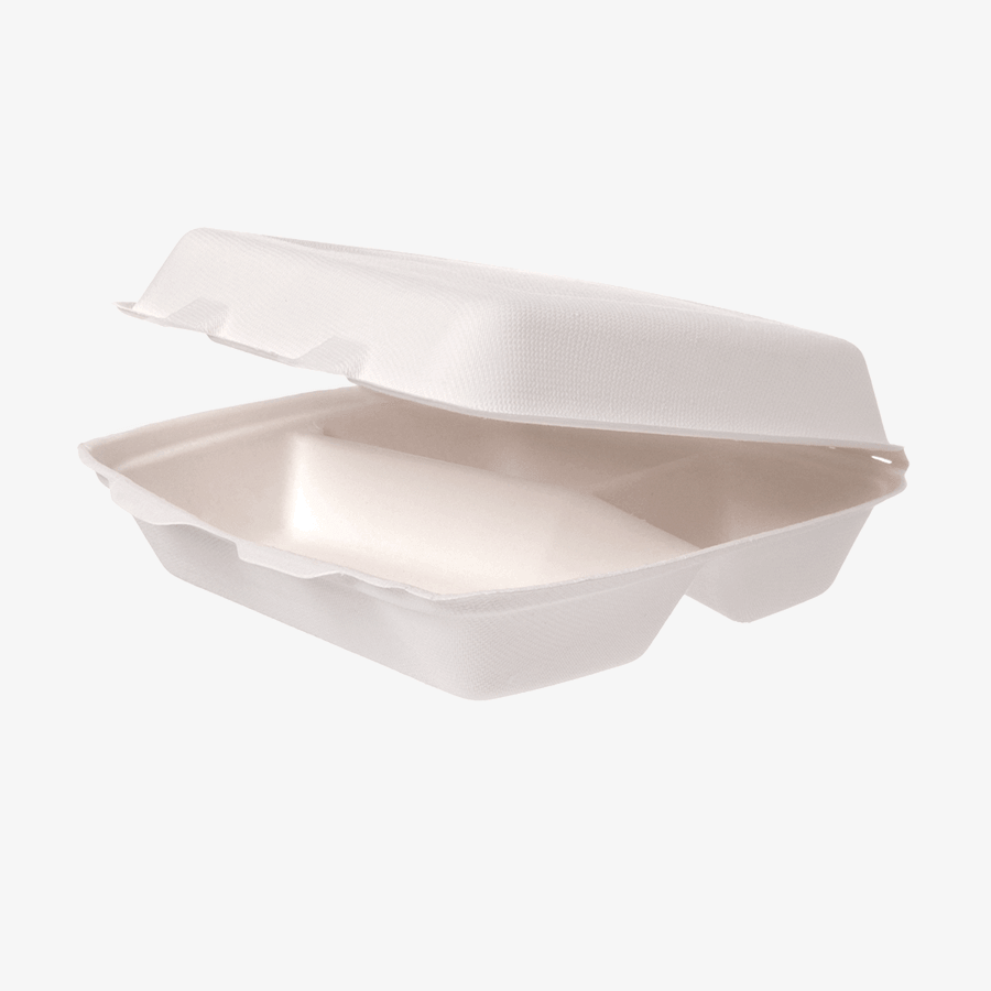 Unbedruckte weiße Menübox aus Bagasse mit drei Fächern im eckigen Format mit den Maßen 24,4 x 20,8 x 7 cm