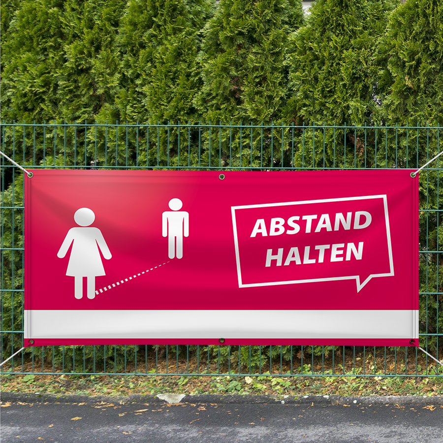 PVC-Banner mit festem Motiv zum Thema Abstand halten, wahlweise plano oder mit Ösen verfügbar