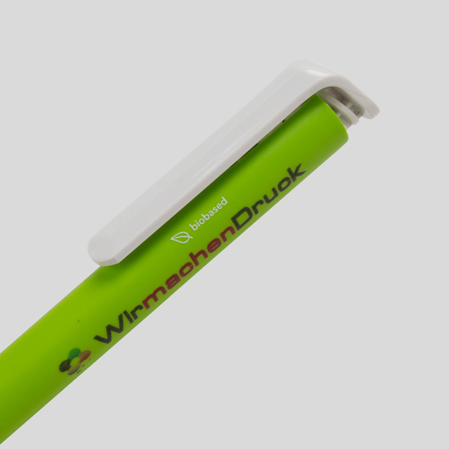 Hellgrüner Bio-Kugelschreiber mit mattem Gehäuse und Schaft aus biobasiertem Kunststoff
