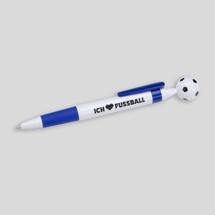 Fußball-Kugelschreiber in blau und mit individualisierbarem Druck