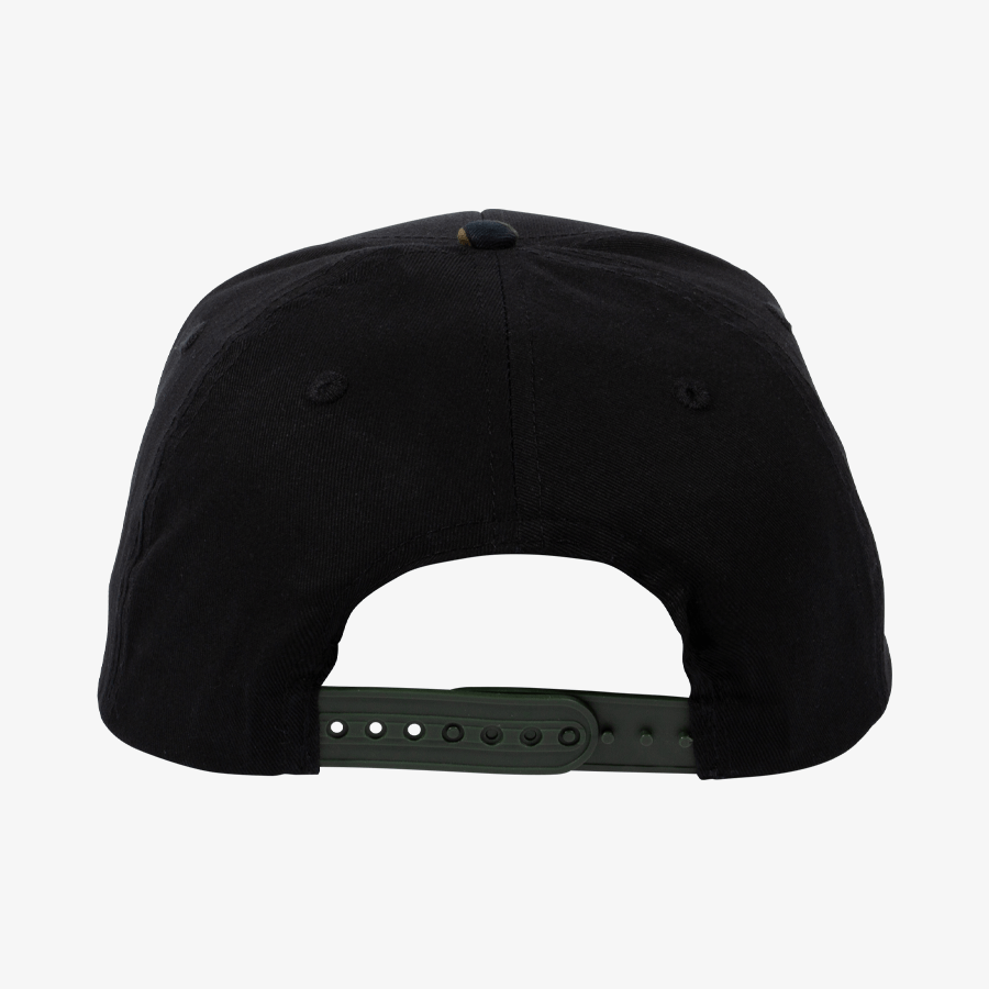 Rückansicht einer schwarzen Snapback-Cap mit Snapback-Verschluss