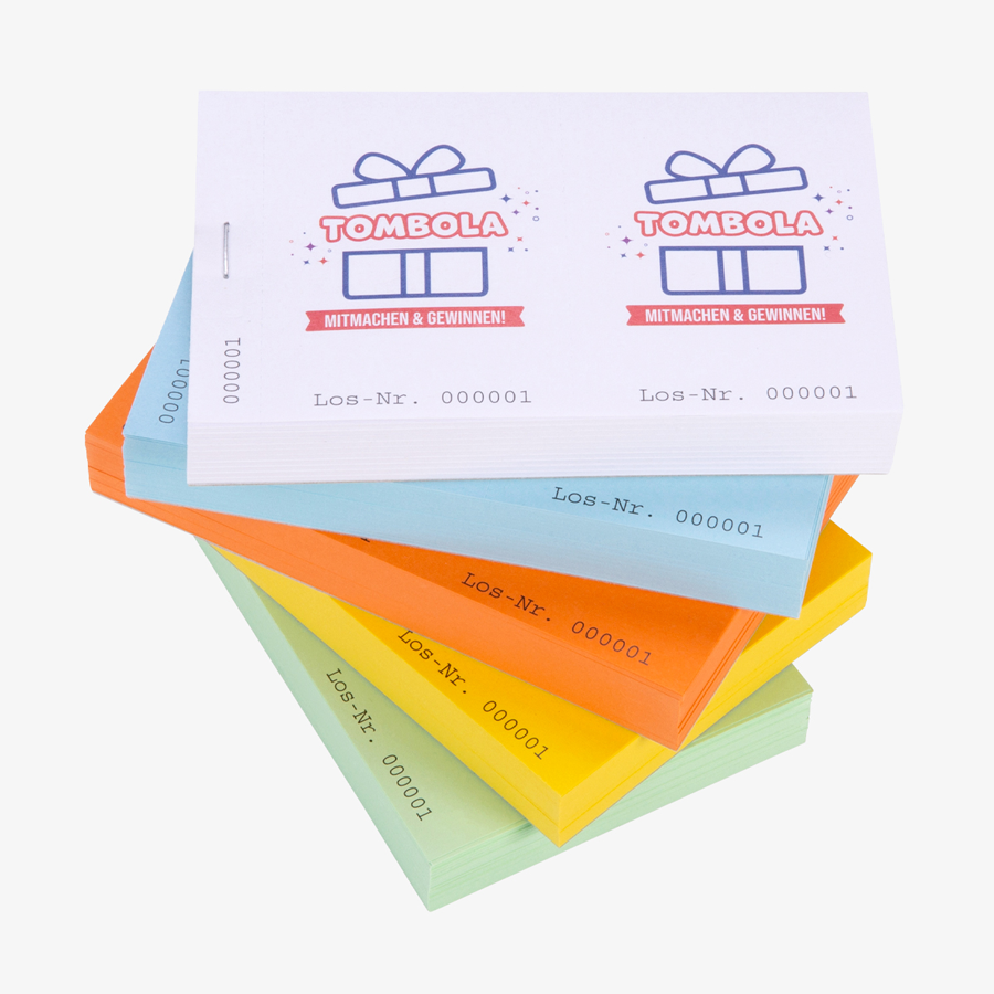 Stapel Doppellos-Blöcke aus grünem, gelbem, orangefarbenem, blauem & weißem Papier, 4-farbig bedruckt