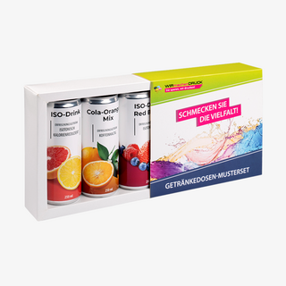 Getränkedosen-Musterset im WIRmachenDRUCK-Design mit 3 Getränkedosen aus unserem Sortiment