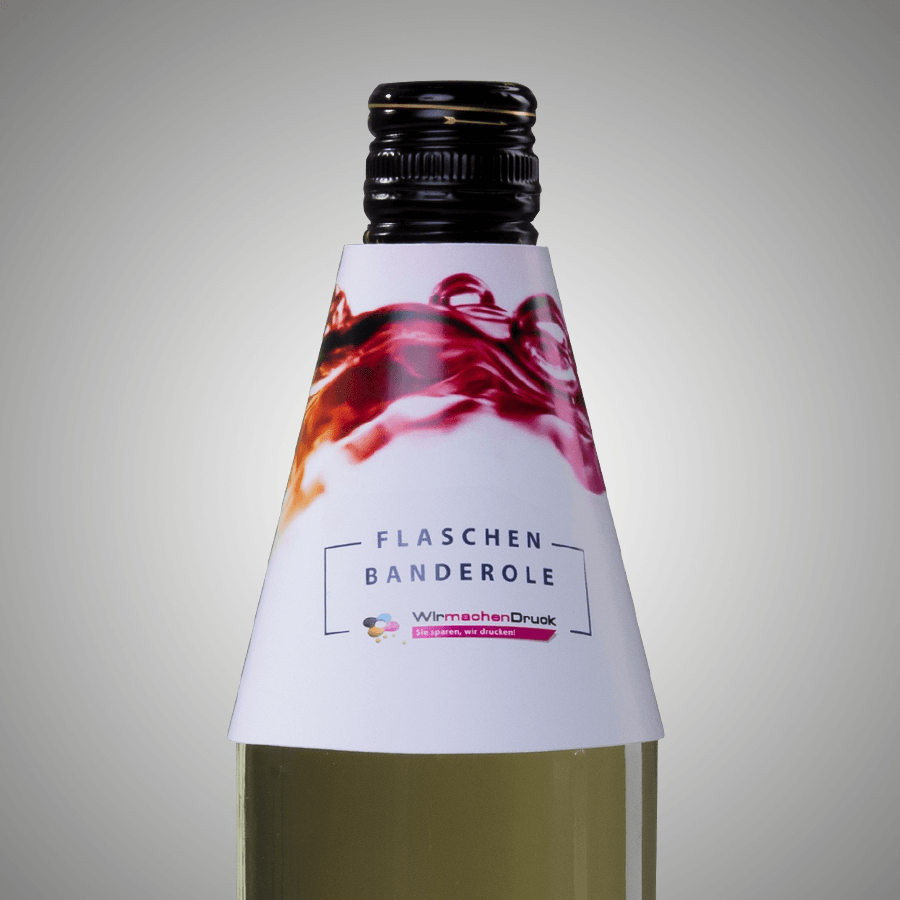 Individuell bedruckbare Flaschenbanderole im Corporate Design, Anwendungsbeispel mit Flasche