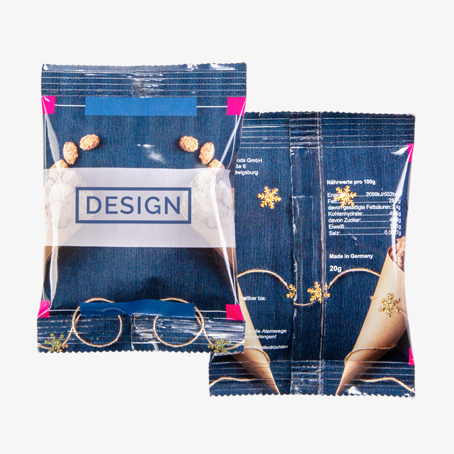20 g gebrannte Mandeln in vorne und hinten vollfarbig bedrucktem Tütchen