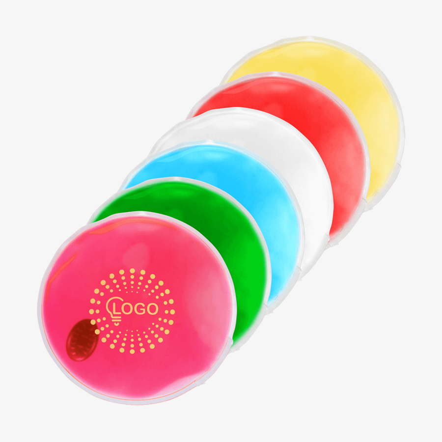 Runde Gel-Wärmekissen in unterschiedlichen Farben, individuell bedruckbar