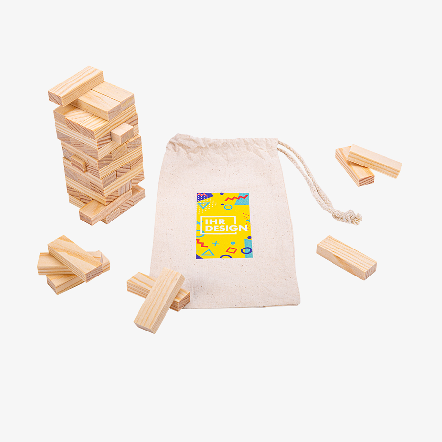Geschicklichkeitsspiel Turmbau aus Holz mit individuell bedrucktem Baumwollbeutel