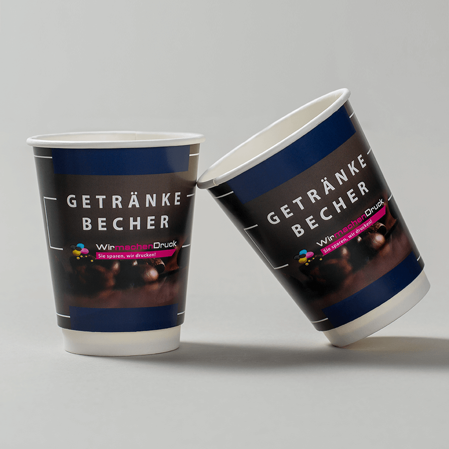 Zwei doppelwandige Standard-Becher der SpeedLine aus Pappe mit individuellem Druck, für Heißgetränke geeignet