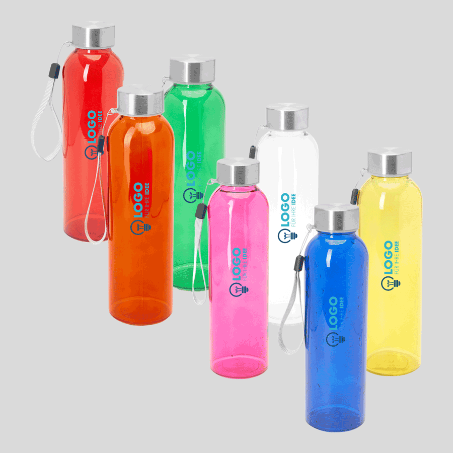 Glasflasche (500 ml) mit Edelstahlverschluss, in vielen Farben, individuell bedruckt