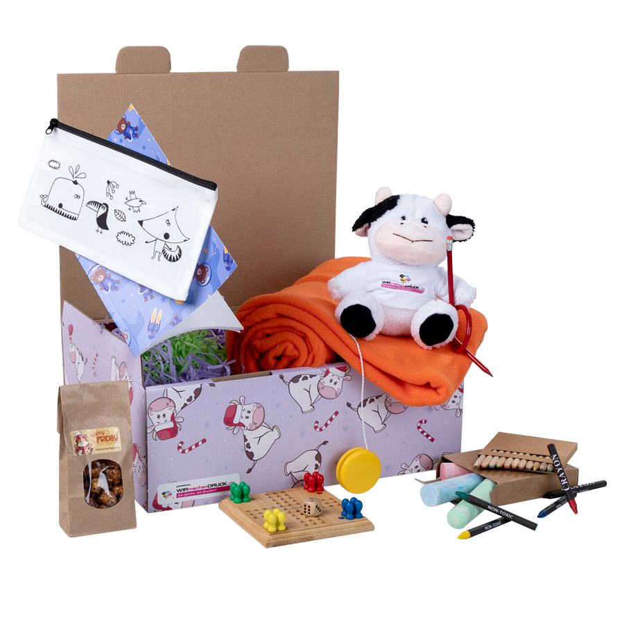 Happy-Friday-Geschenkbox 2025 für Mädchen mit einer Plüschkuh und vielen Spielsachen inklusive Geschenkbox