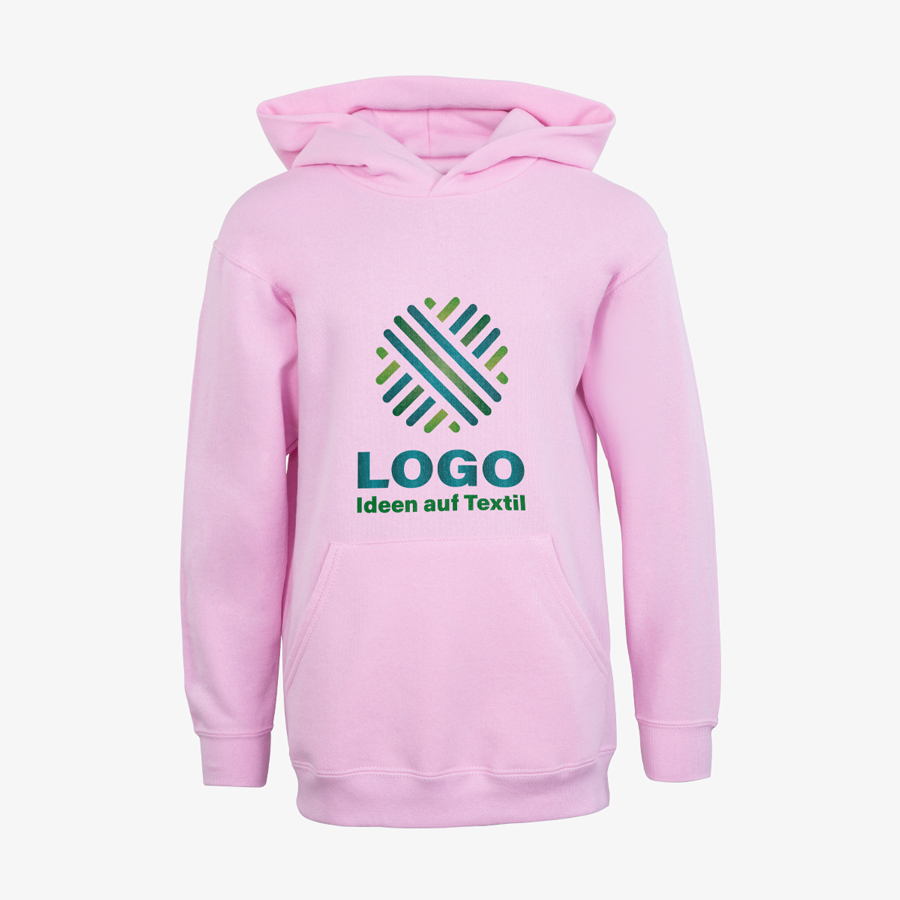 Vorderansicht eines rosafarbenen Basic-Hoodie für Kinder mit Logo bedruckt