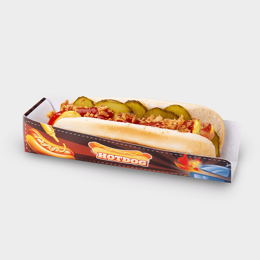 Individuell bedruckte Hotdog-Verpackung aus starkem Recyclingkarton mit Fettbarriere, Servierbeispiel