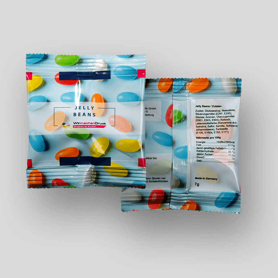 Vorder- und Rückseite von Jelly-Beans-Tütchen mit beidseitigem und vollfarbigem Druck