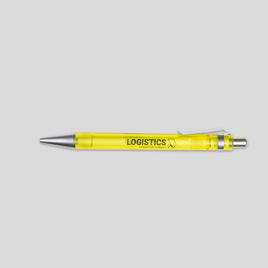 Gelber, gefrosteter Kunststoff-Kugelschreiber von UMA, individuell bedruckt
