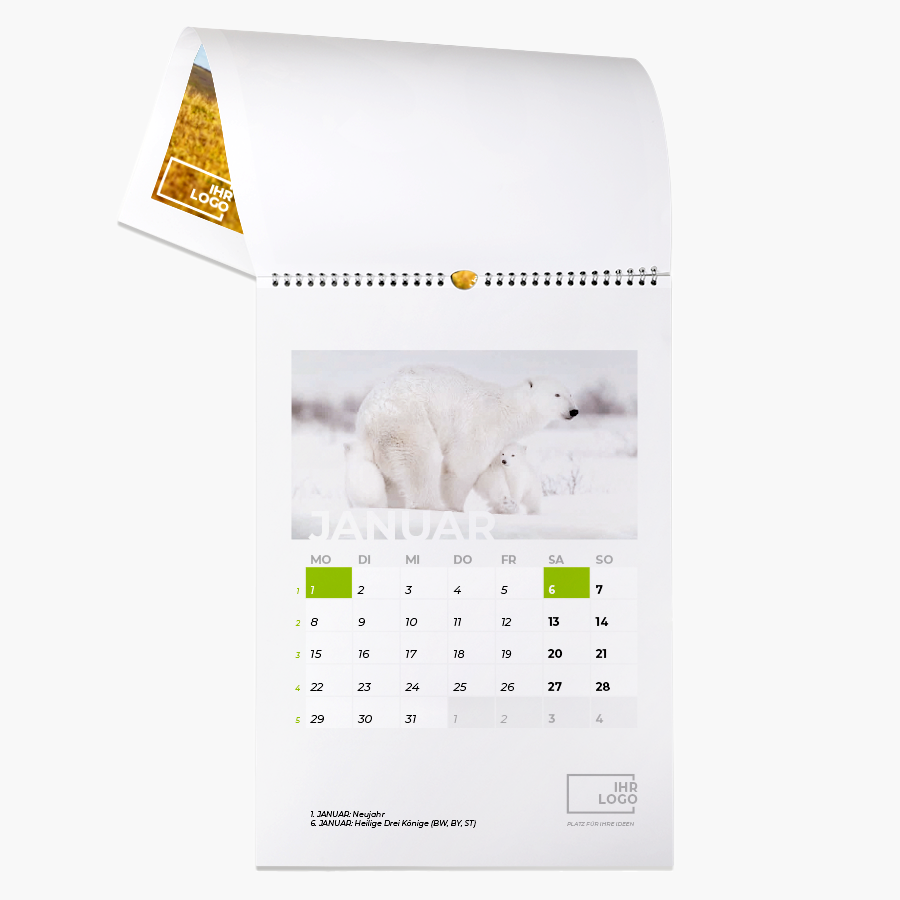 Monatswandkalender im Hochformat, einseitig bedruckt mit Tiermotiv