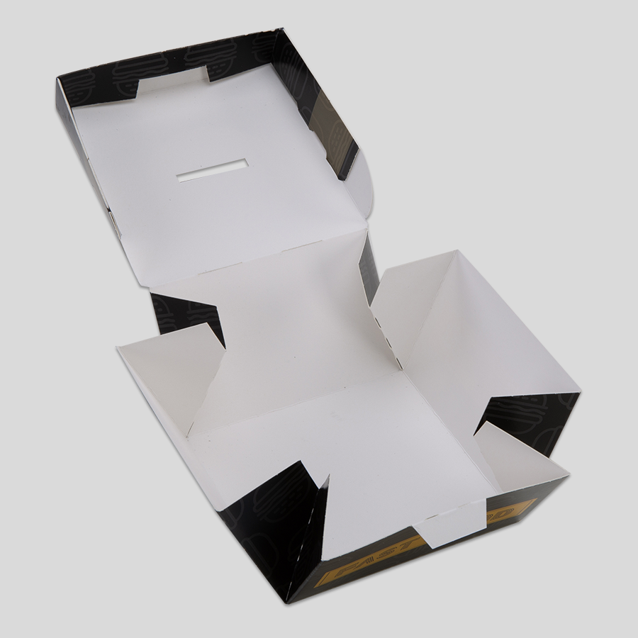 Offene, individuell bedruckte Burgerbox aus starkem, lebensmittelechtem Recyclingkarton GT2