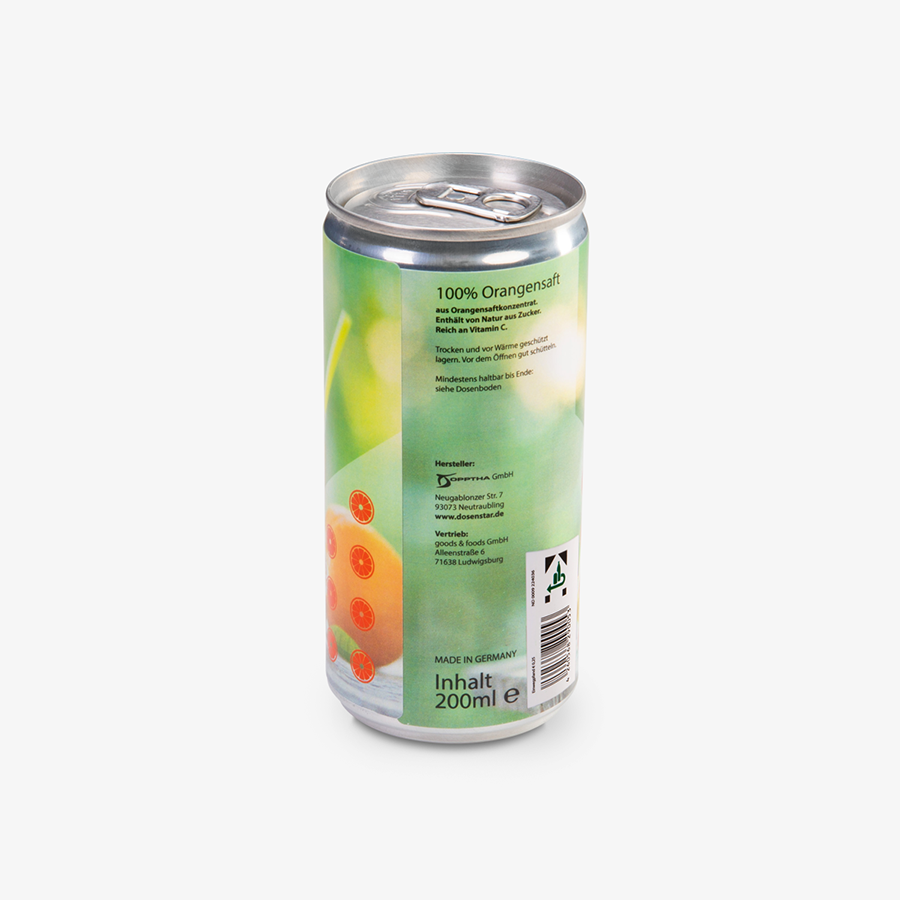 Rückseite einer Orangensaft-Getränkedose im Wunschdesign