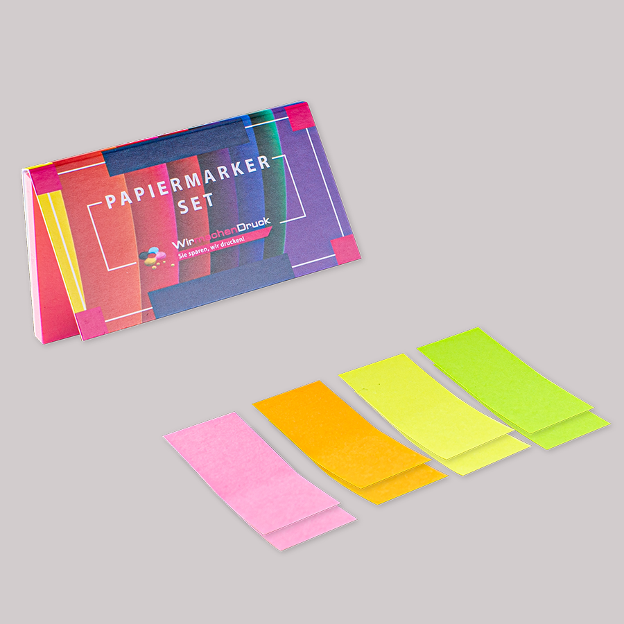 Farbenfrohe Haftmarker im Kartonumschlag, individuell im Wunschdesign bedruckbar