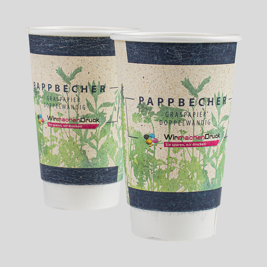 Doppelwandige Pappbecher aus nachhaltigem Graspapier, Getränkebecher vollfarbig bedruckt