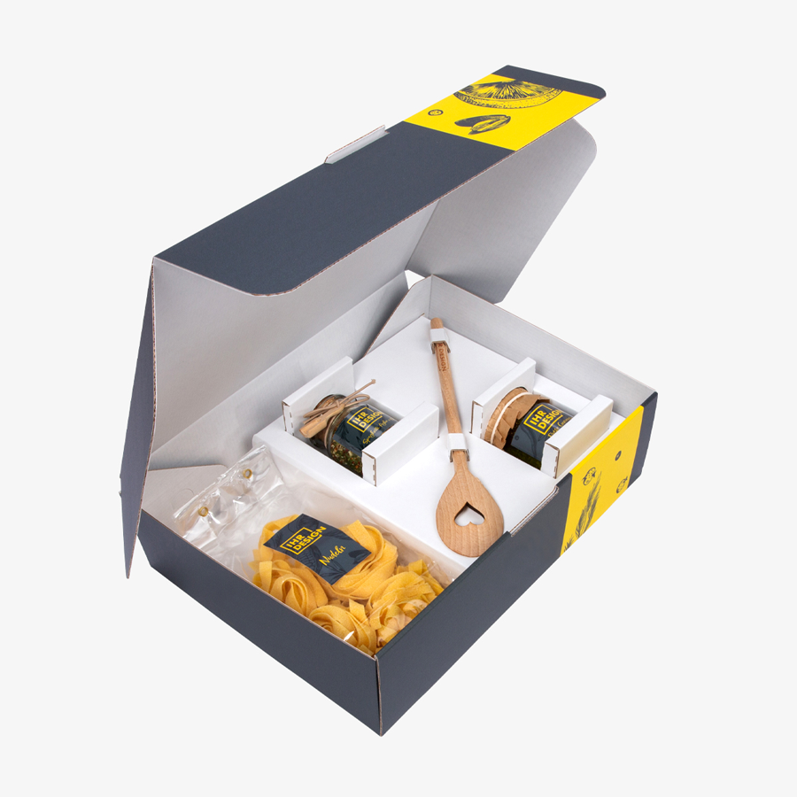 Aufgeklappte Pasta-Präsentbox, Motivbox 