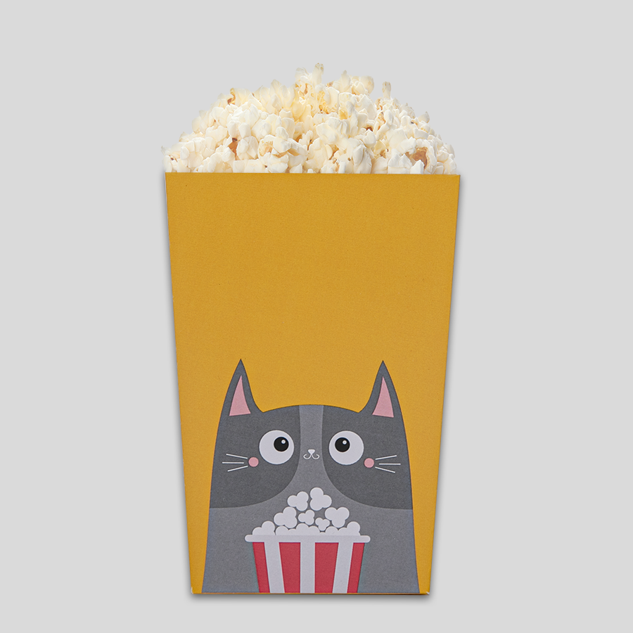 Popcorn-Schachtel im Corporate Design mit Servierbeispiel, 4/0-farbig bedruckt mittels Digital- oder Offsetdruck