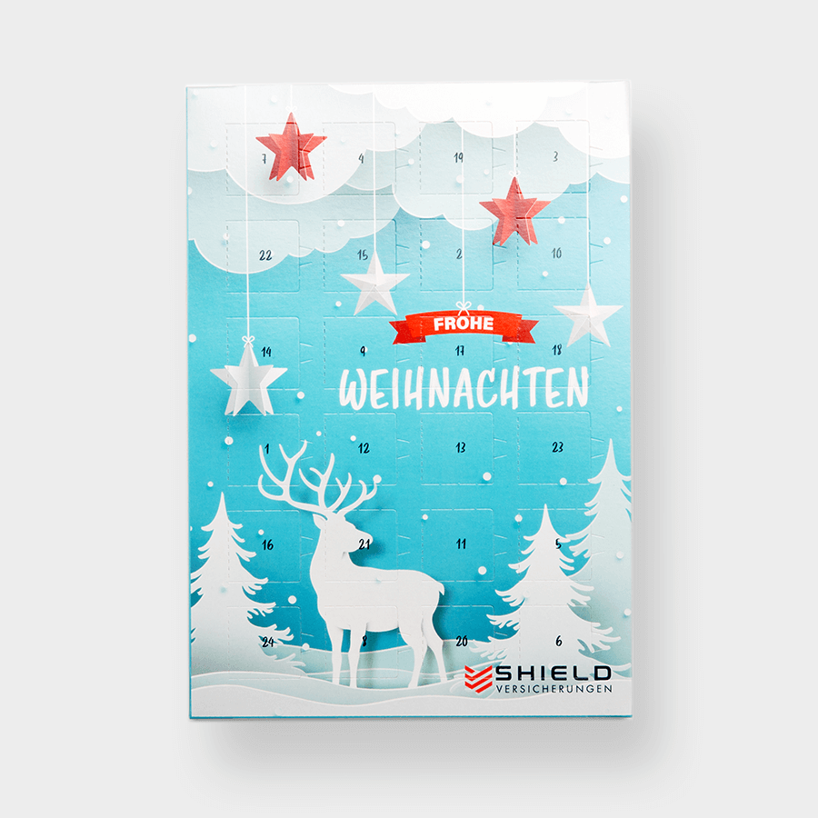 Premium-Schoko-Adventskalender im Hochformat, mit individuellem Wunschmotiv bedruckt