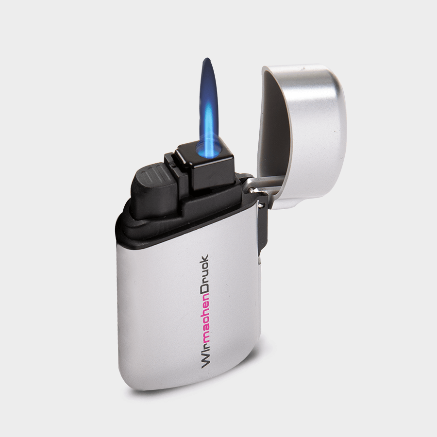 Individuell bedrucktes Premium-Elektro-Feuerzeug in Silber, offen mit Flamme