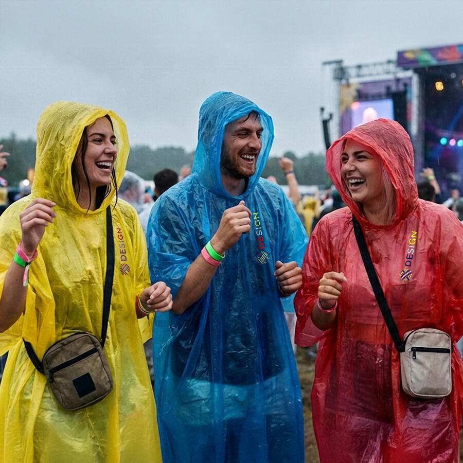 Drei Menschen tragen Regenponchos für Damen und Herren, in verschiedenen Farben