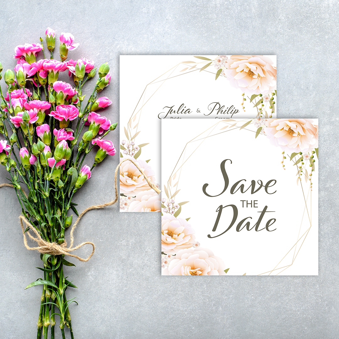 Quadratische, individuell bedruckte Save-the-Date-Karte zur Hochzeit