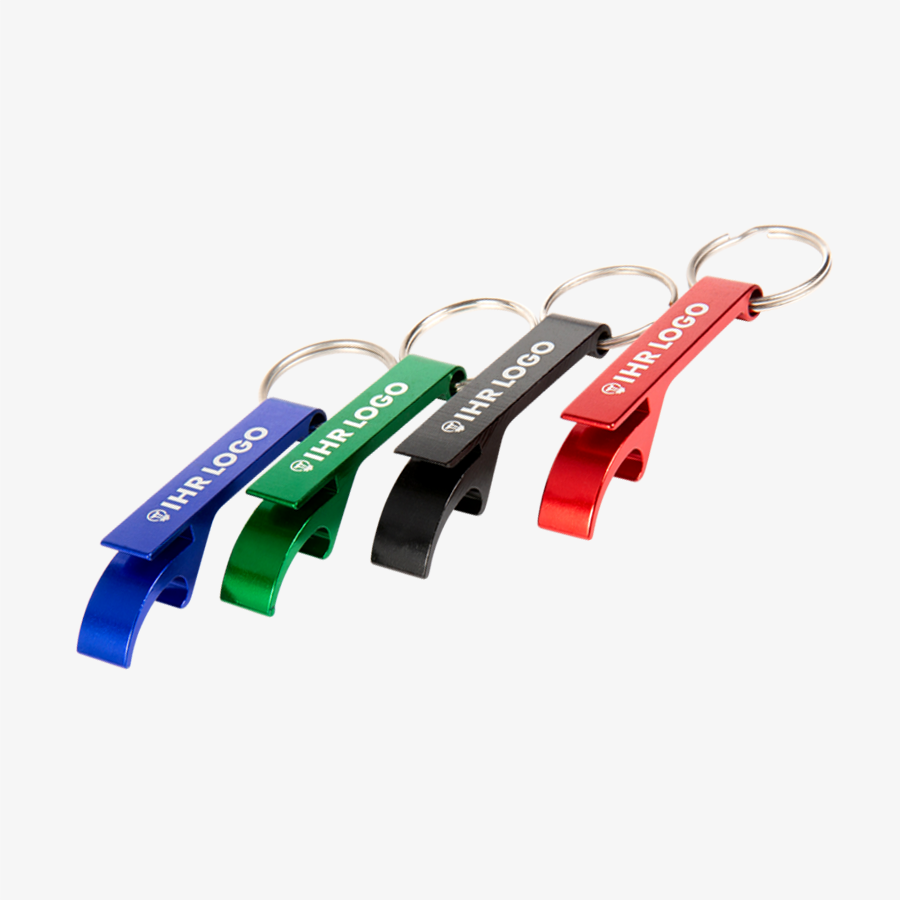 Aluminium-Schlüsselanhänger mit Flaschenöffner in vielen Farben und mit einseitiger Lasergravur