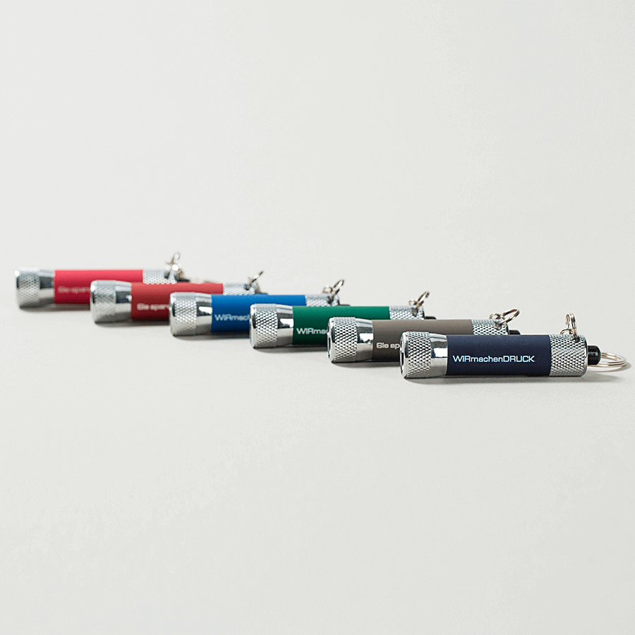 Auswahl von Schlüsselanhängern mit Soft-Touch-Taschenlampe in verschiedenen Farben