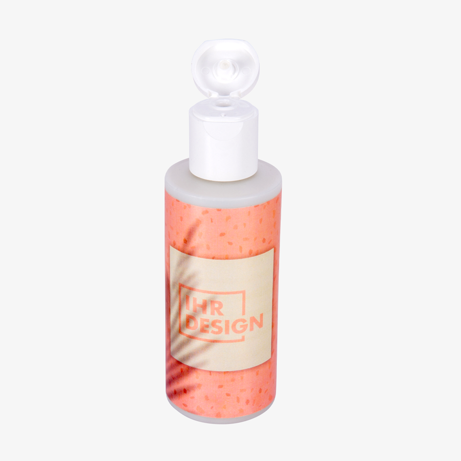 Shampoo im Wunschdesign in 100-ml-Flasche mit geöffnetem Klappdeckel, Vorderansicht