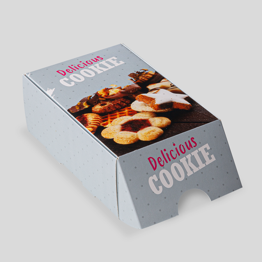 Große, individuell bedruckte Snack-Verpackung mit Klappdeckel mit einer Größe von 13,5 x 9,5 x 5 cm