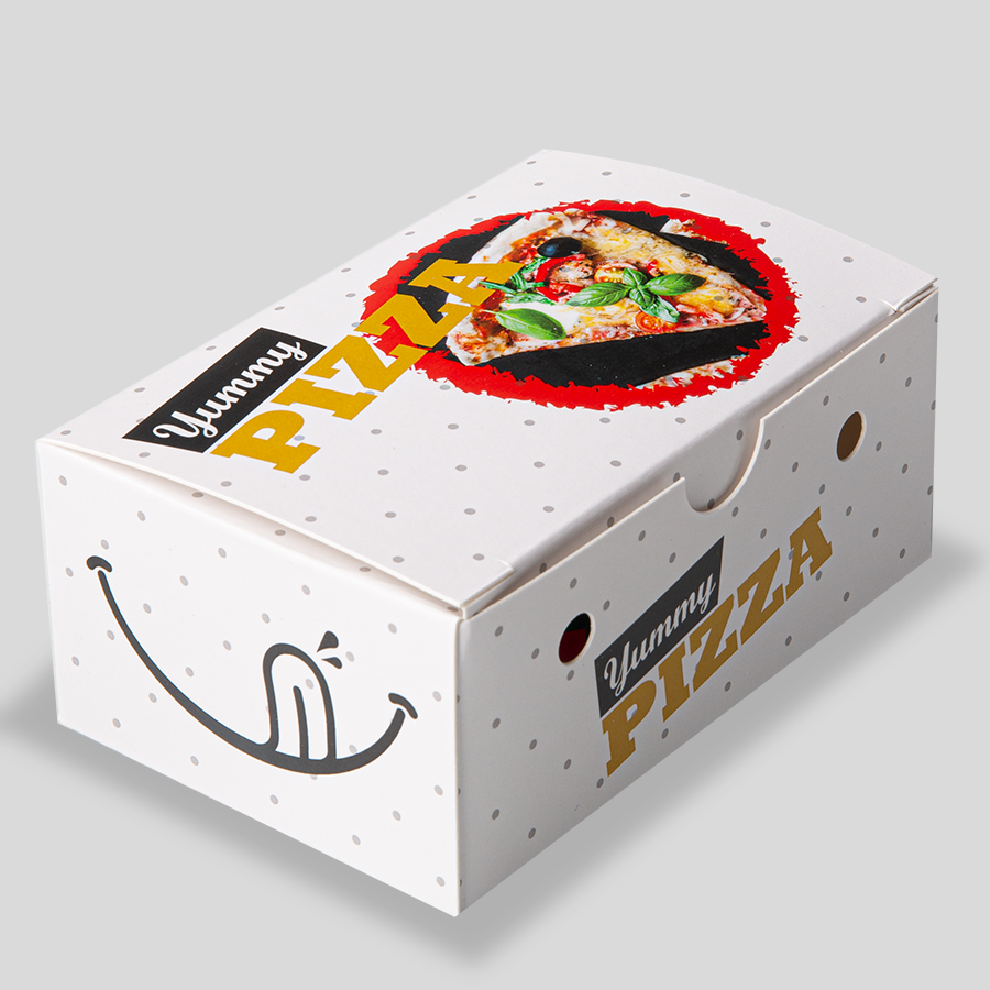 Snack-Verpackung mit Lüftungslöchern (120 x 80 x 50 mm), vollfarbig bedruckt