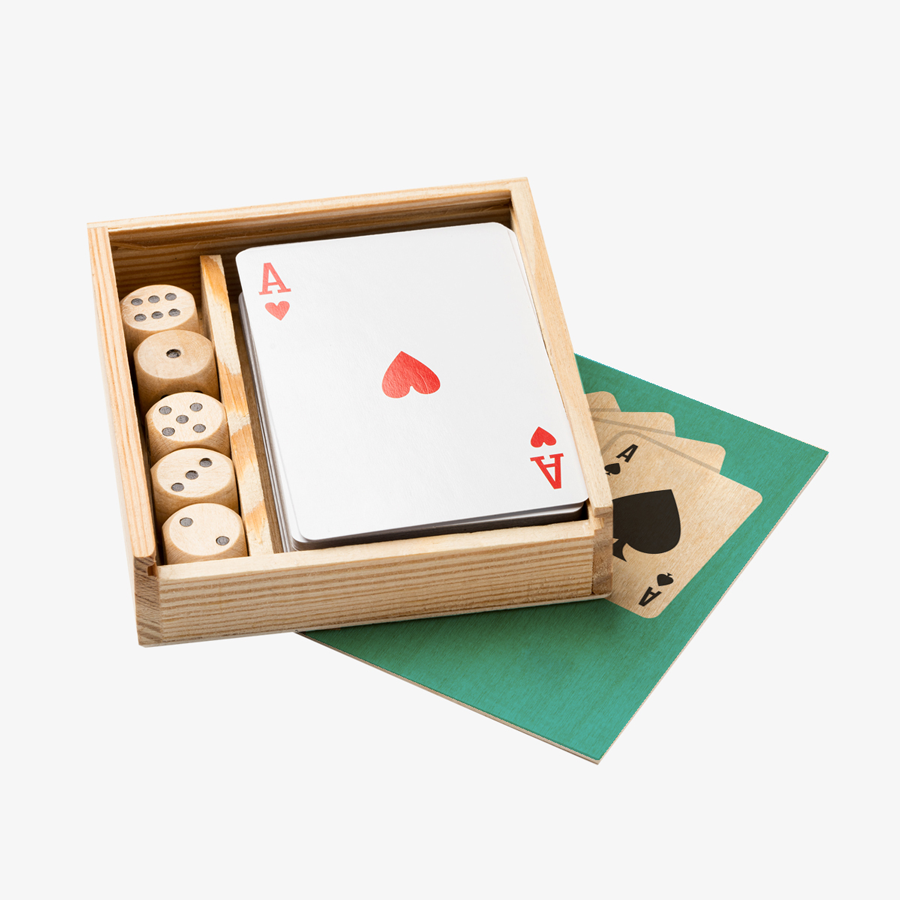 Holzkiste mit Karten-und-Würfel-Set, Schiebedeckel vollfarbig bedruckbar