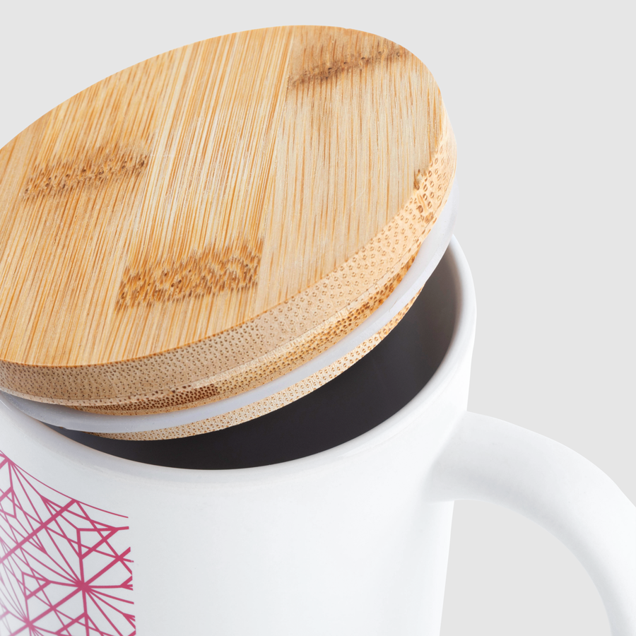 Matte Tasse aus Keramik mit Deckel aus Bambus, individuell bedruckt, für 370 ml Flüssigkeit