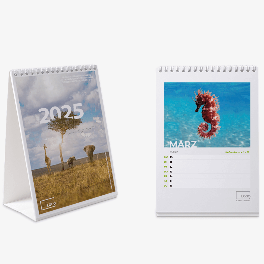 Zwei Monatstischkalender im Hochformat für 2025 bedruckt mit Wildlife-Design