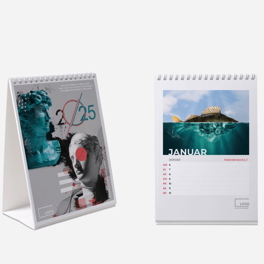 Zwei Wochentischkalender im Hochformat für 2025 im Design Digitale Kunst und Wildlife